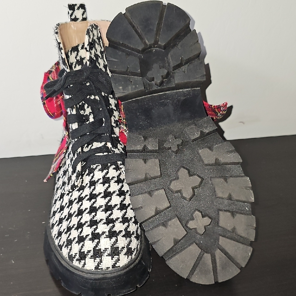 Betsey Johnson Houndstooth Combat Boots with Red Plaid Accent - Picture 6 of 8